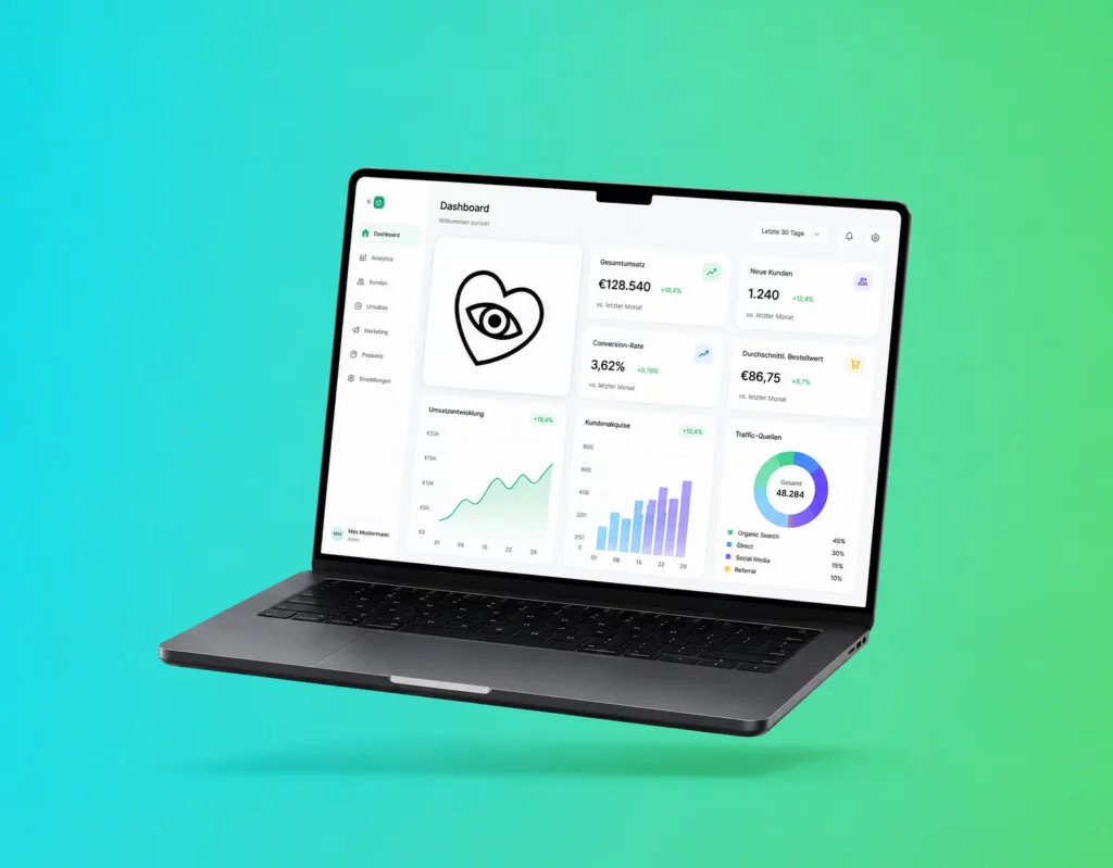 Laptop mit Dashboard für Webdesign, SEO und Suchmaschinenoptimierung, gestaltet und entwickelt von Büro mit Aussicht, Kreativagentur Wien für Werbung, Werbeagentur, Grafikdesign und Wien.
