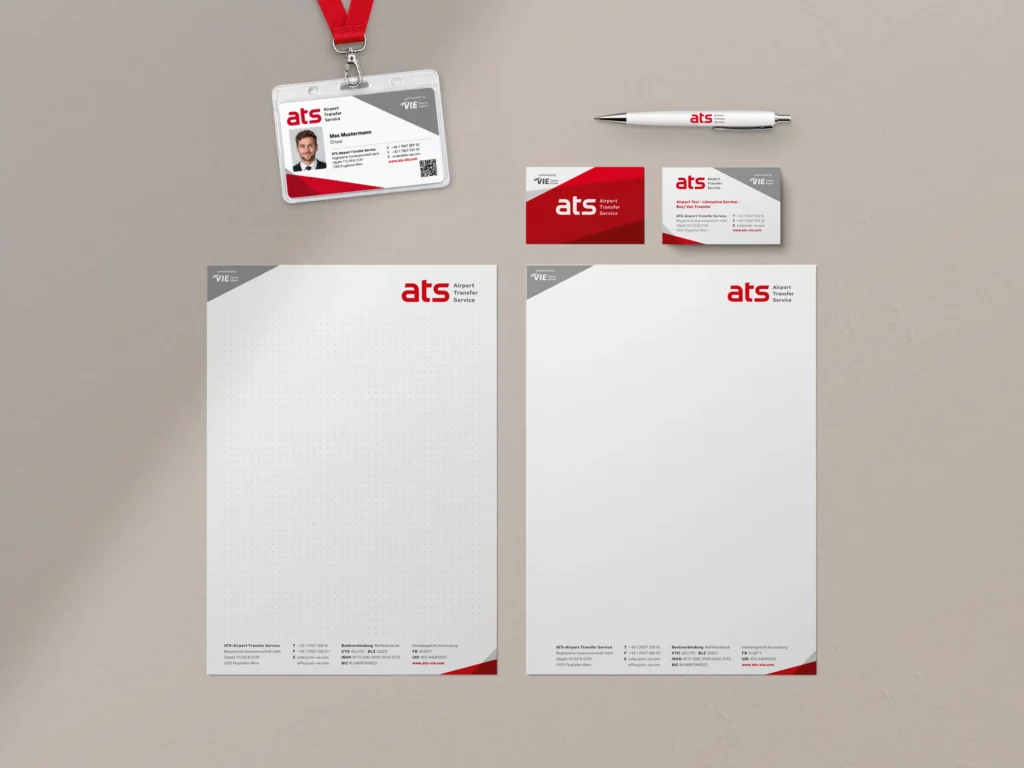 ATS Corporate Design mit Geschäftsdrucksorten, Visitenkarten, Fahrerausweis und Briefpapier