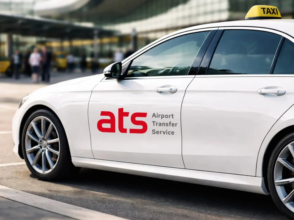 ATS Airport Transfer Service Fahrzeug mit Logo und Fahrzeugbeklebung am Flughafen Wien