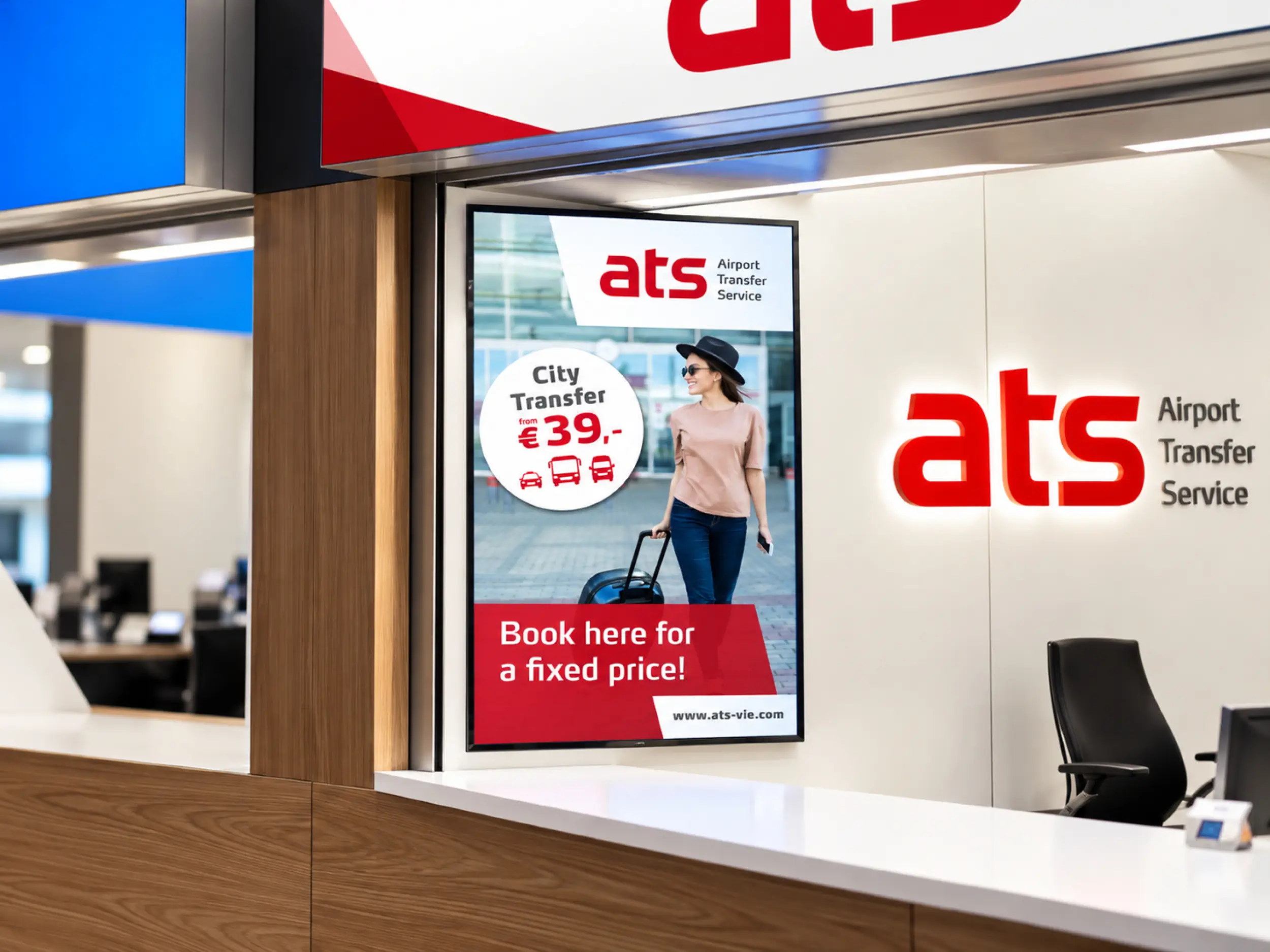 ATS Verkaufsschalter am Flughafen Wien mit digitalem Werbescreen und beleuchtetem Firmenlogo
