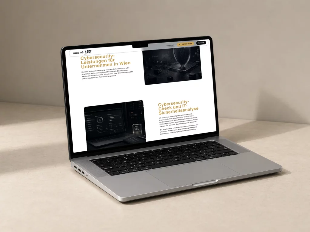 Webdesign für Better Call Nagy in Wien mit Cybersecurity-Leistungen und IT-Sicherheitsanalyse auf einem Laptop
